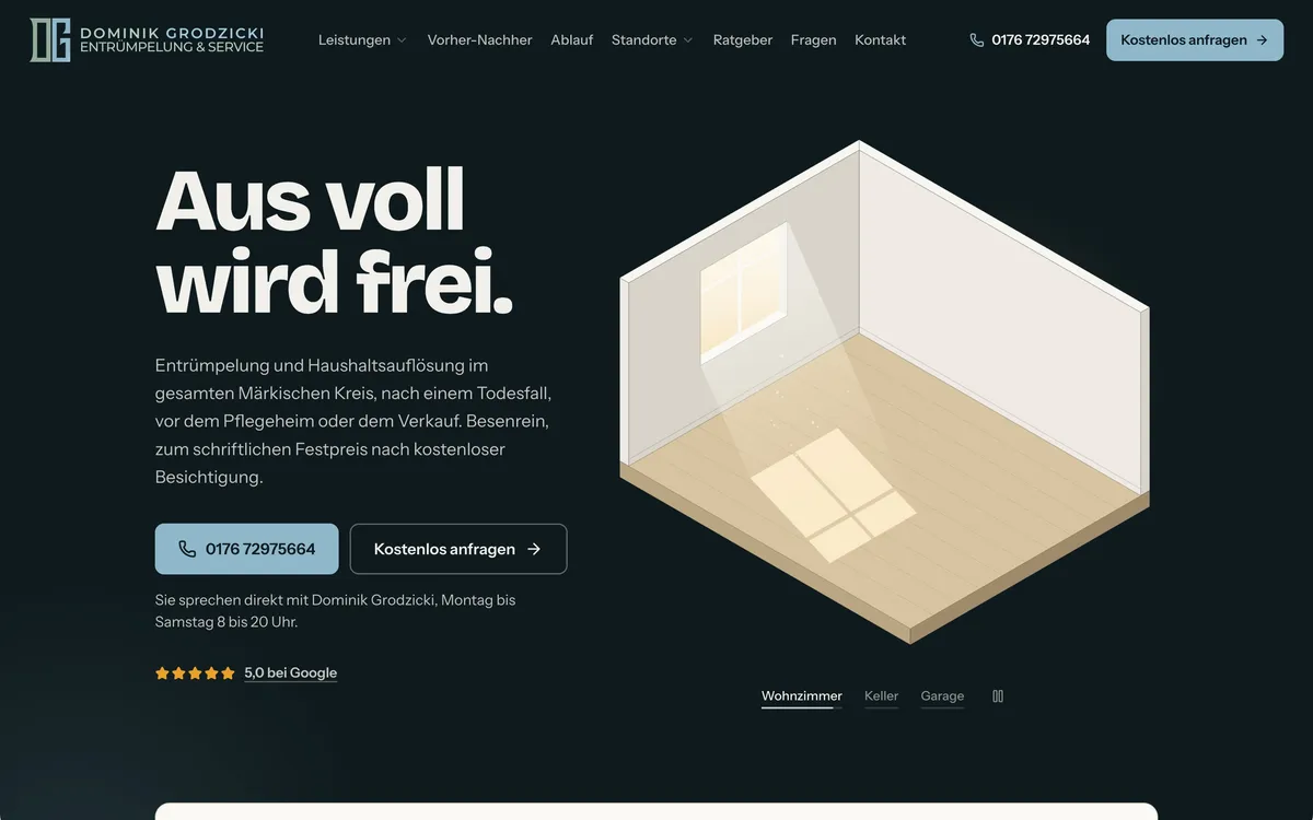Bildschirmfoto der Website www.dg-entrümpelung.de