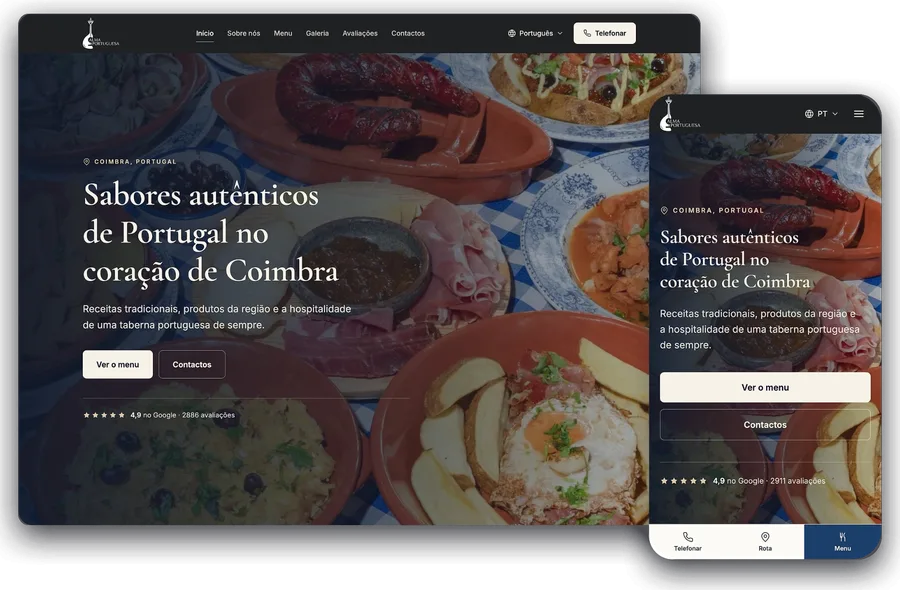 The Alma Portuguesa restaurant website on a computer and on a phone