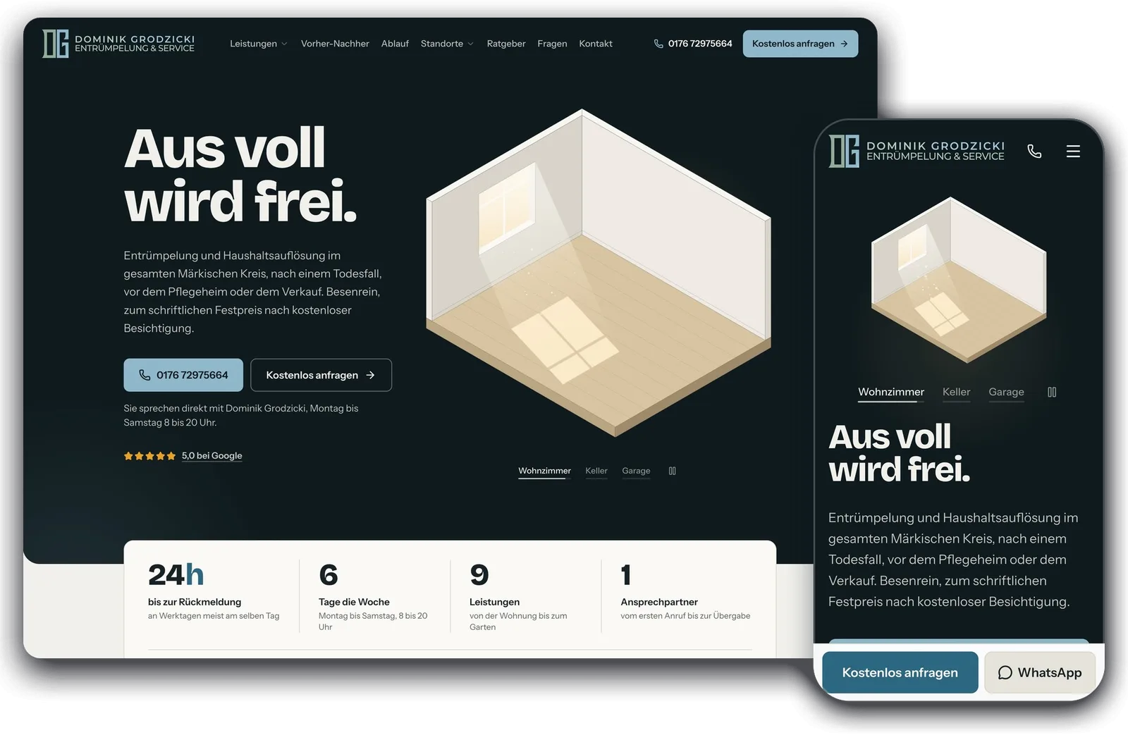 The Grodzicki Entrümpelung & Service website on a computer and on a phone
