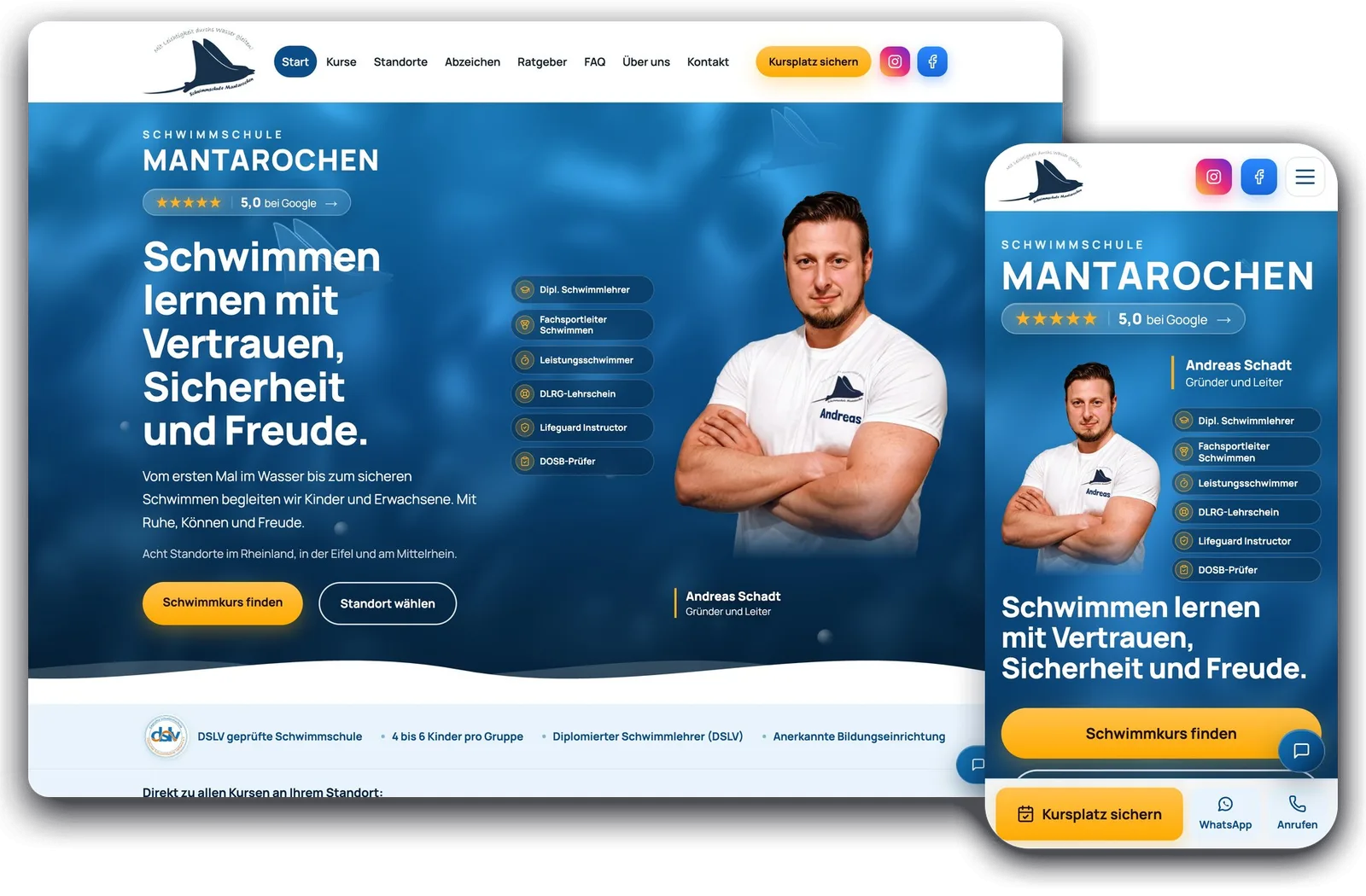 The Schwimmschule Mantarochen website on a computer and on a phone