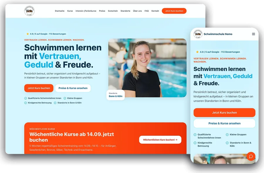 The Schwimmschule Nemo website on a computer and on a phone