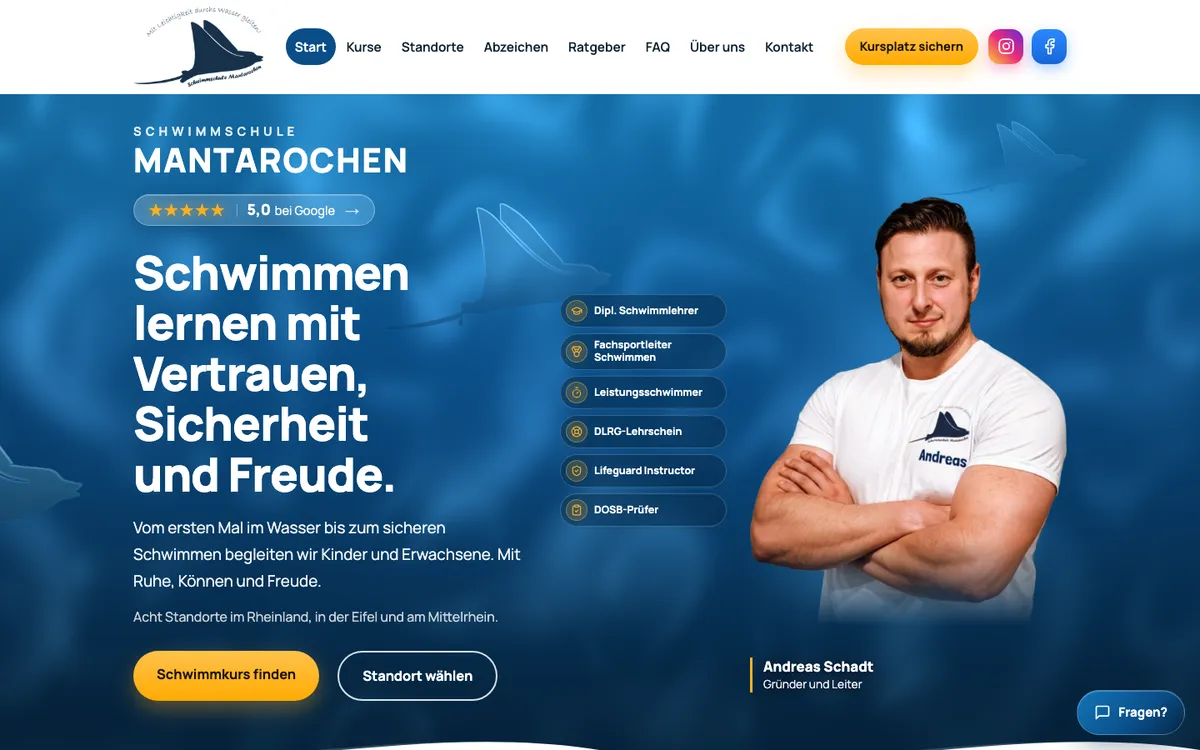 Bildschirmfoto der Website schwimmschule-mantarochen.de